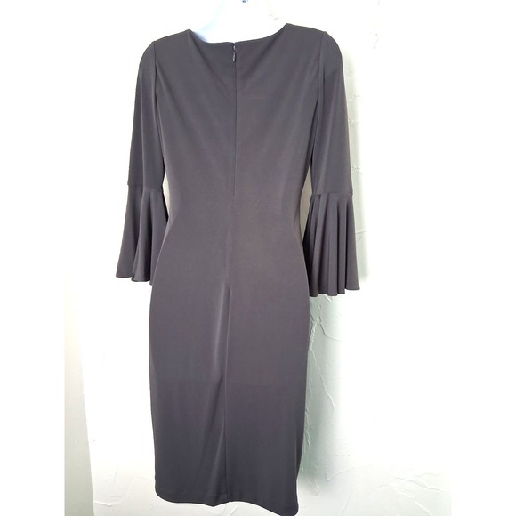 Calvin Klein Size 2 Liquid Knit Shift Midi Dress Bell Sleeves Minimalist Neutral - Picture 4 of 7